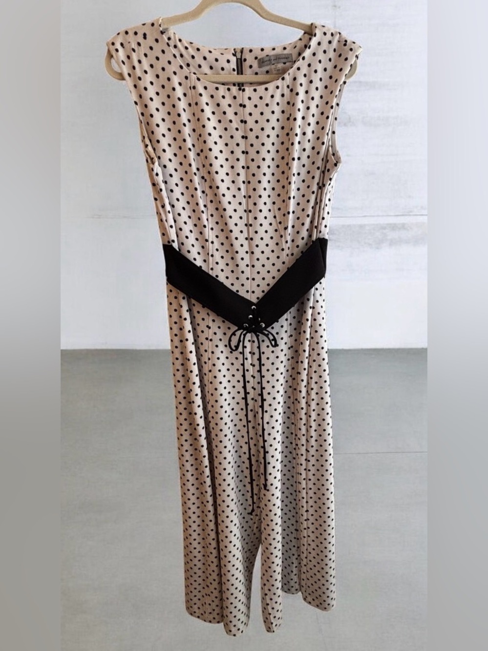 Danny & Nicole Beige Polka Dot Sleeveless Jumpsuit with Black Lace-Up Waist Belt